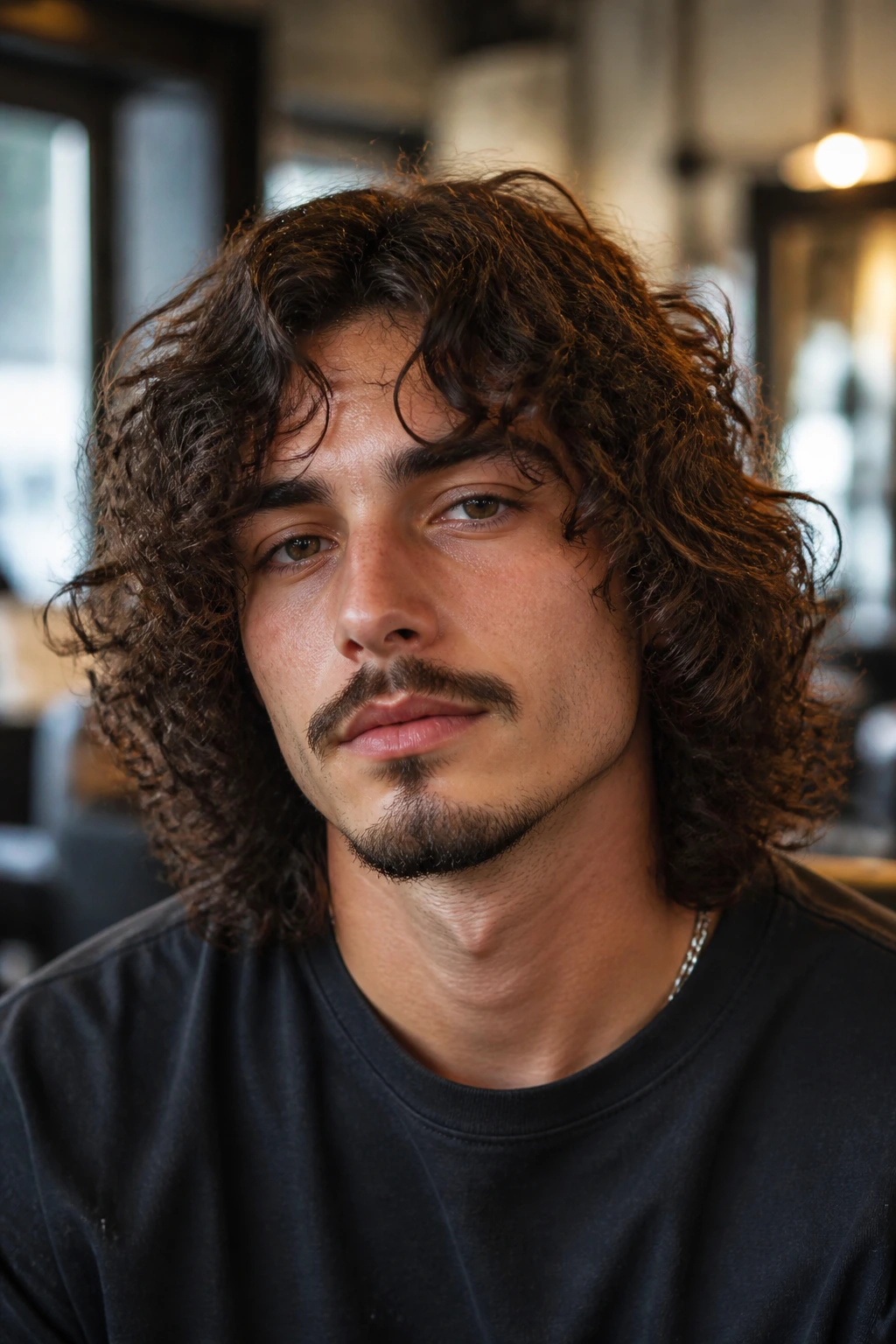 Close-up portrait of a real man with shoulder-length curly shag hairstyle in a barbershop setting