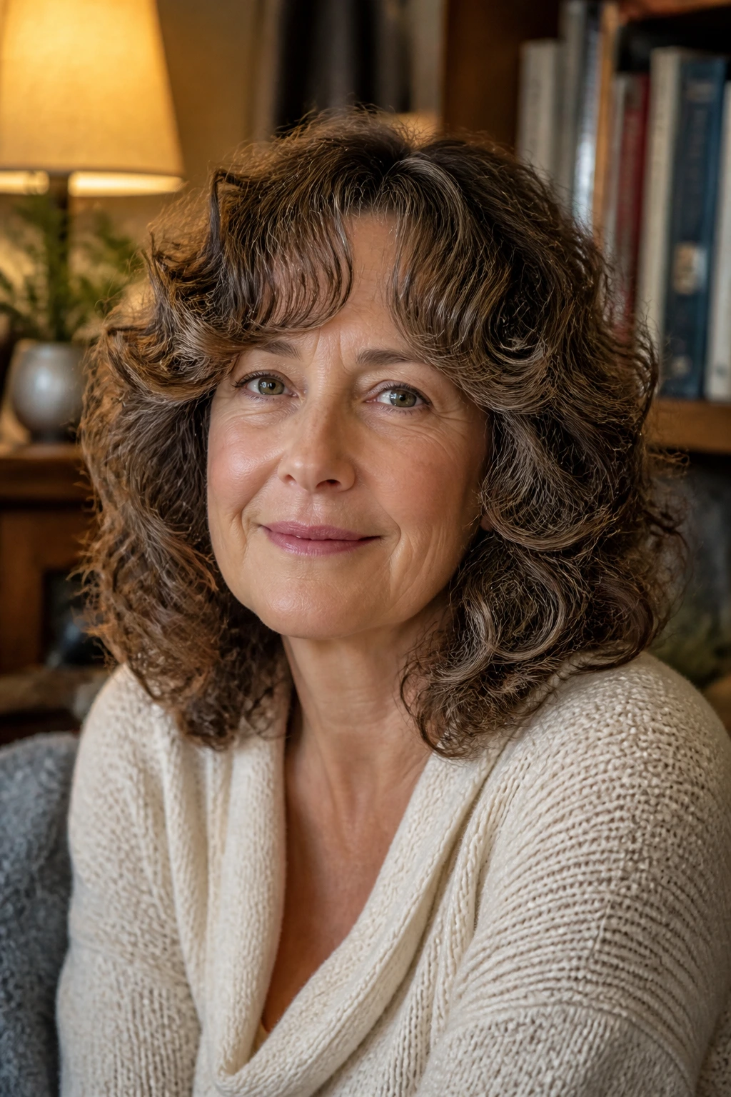 Close-up of a real woman with shoulder-length curls and curtain fringe in a cozy reading nook.