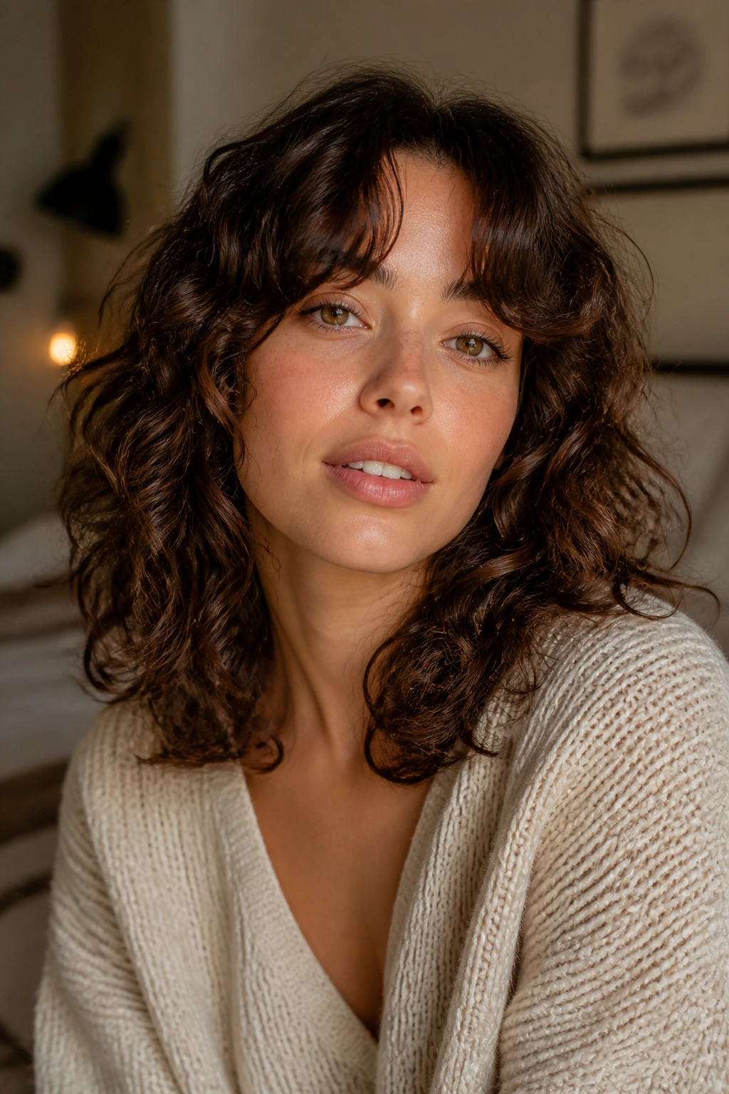 Close-up of a real woman's shoulder-length curls with separated curtain fringe in warm window light