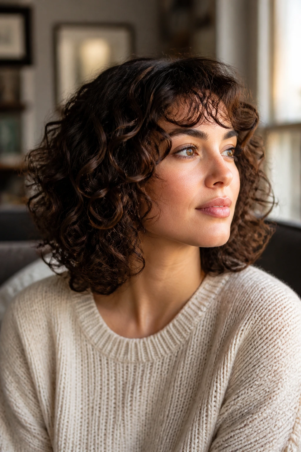 Close-up portrait of a real woman with shoulder-length curly bob showing layered curls