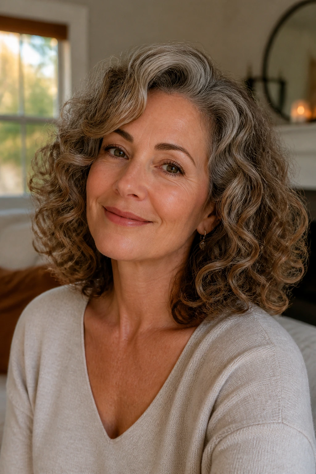 Shoulder-length curly hair with layered structure and side part in warm home light