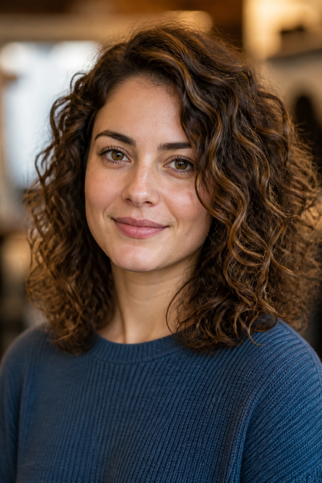 Close-up of a real person with shoulder-length curls and an off-center part