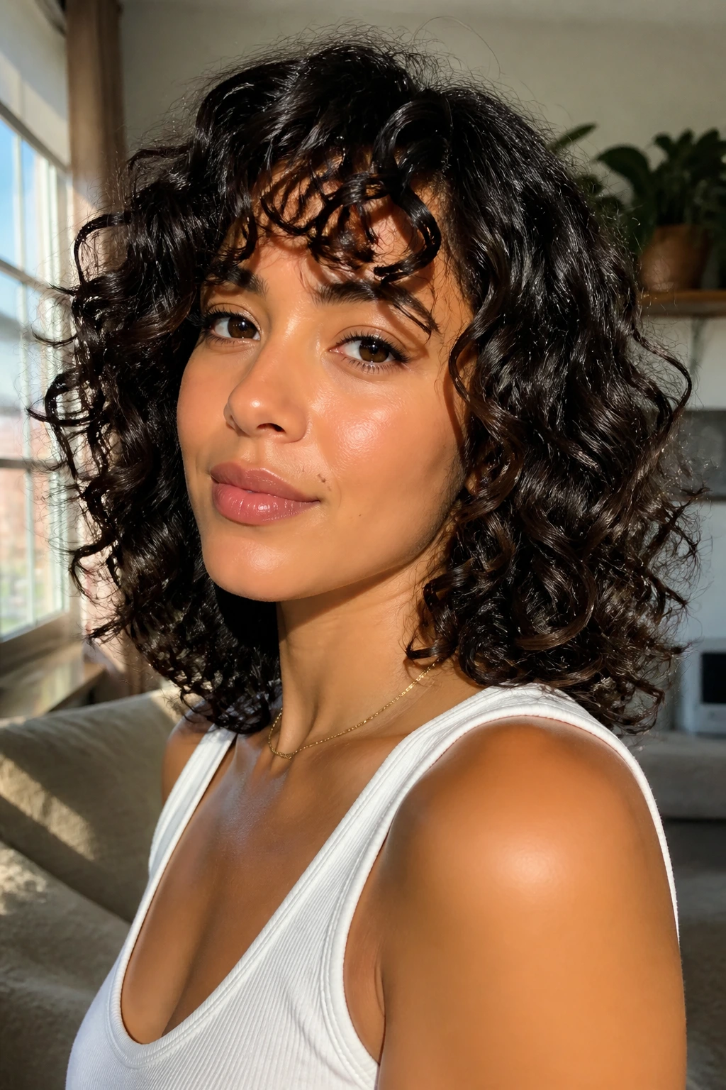 Close-up portrait of a real woman with shoulder-length curls framing the face