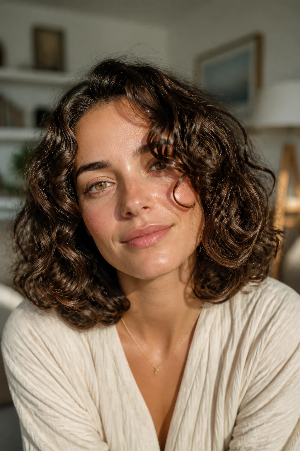 Close-up of a woman’s shoulder-length curls with rounded ends in soft light