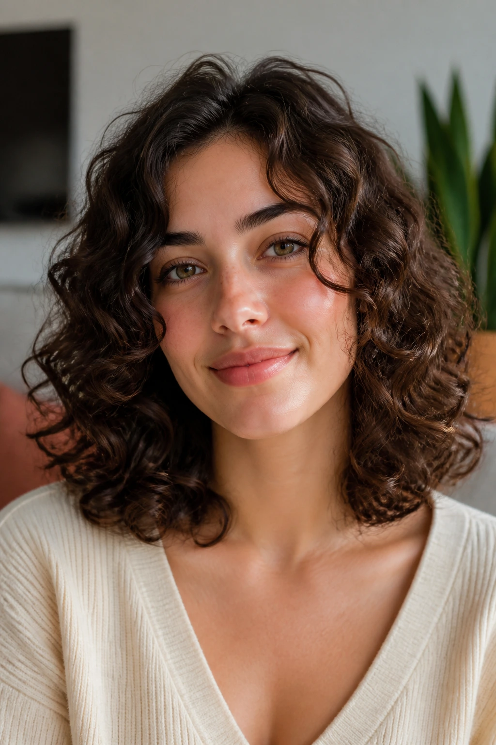 Close-up of a real person with shoulder-length curls in a rounded silhouette