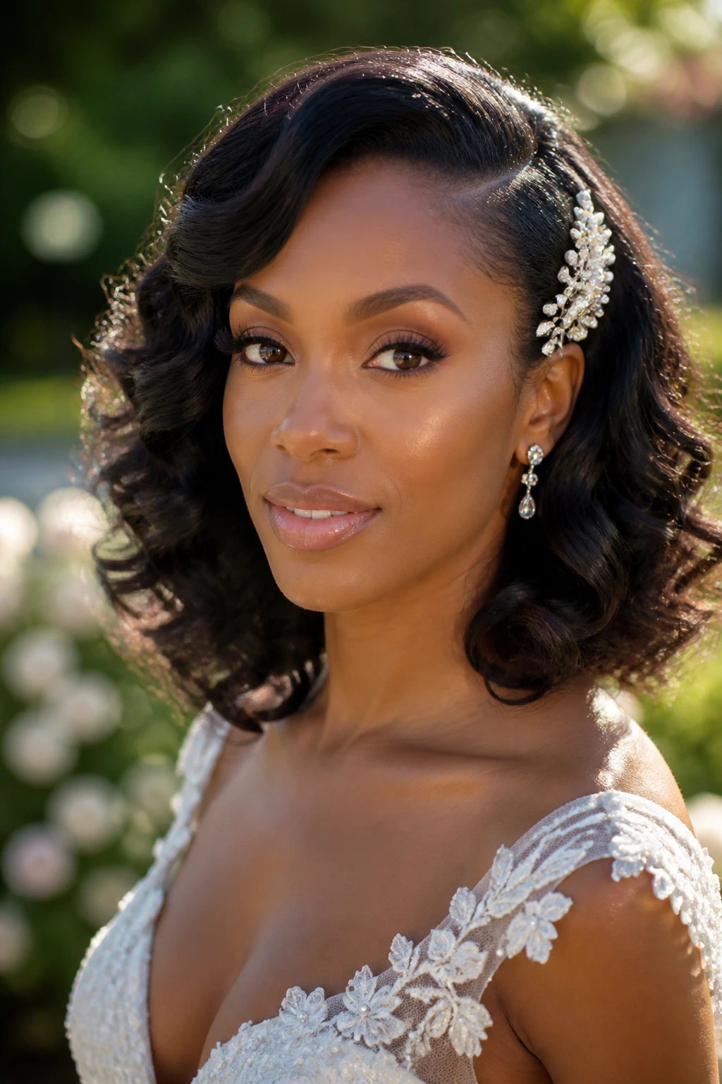 Real bride with shoulder-length curls and a side comb in garden light