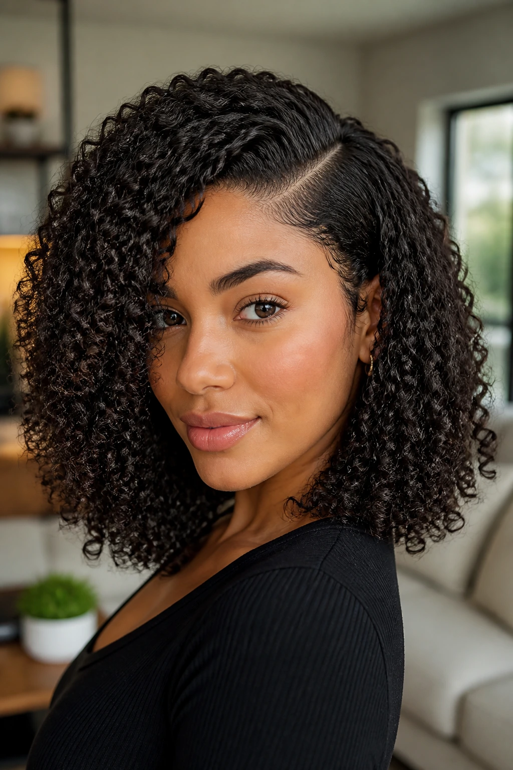 Close-up of shoulder-length curls with a side part and gel cast in a softly lit space.