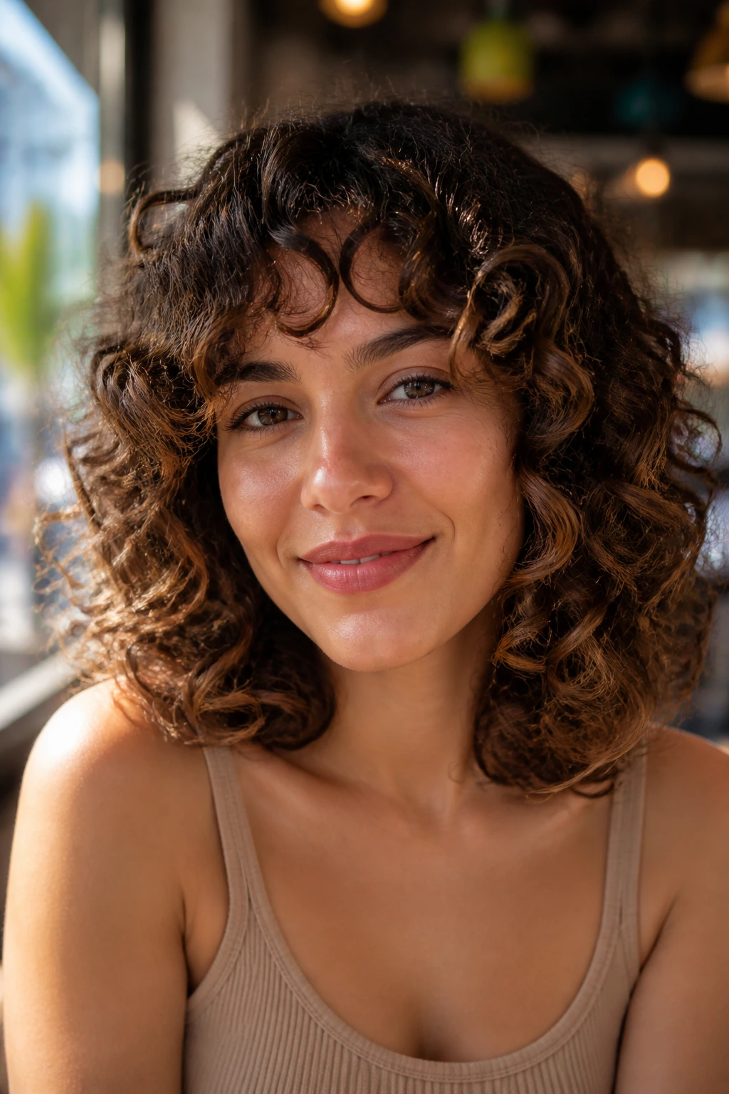 Shoulder-length curls with rounded edge and soft layers framing the face