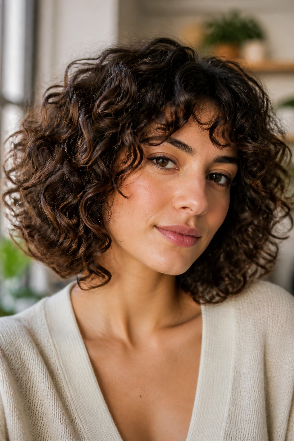 Close-up portrait of a real woman with shoulder-length curly bob highlighting layered structure