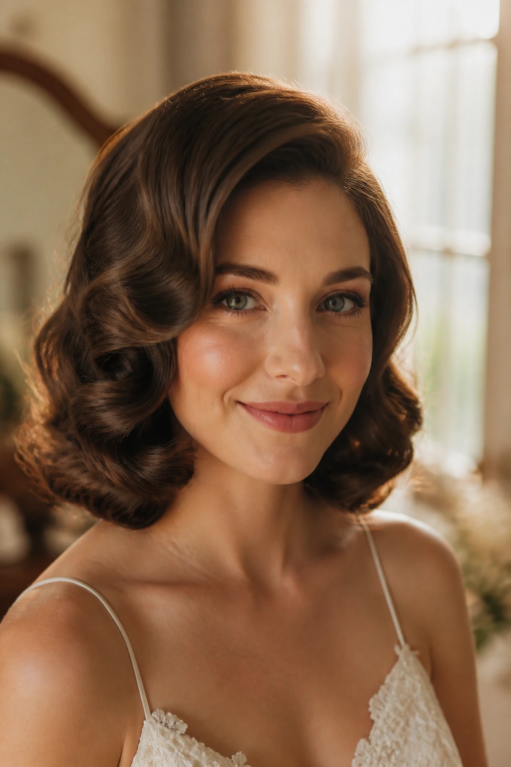 Close-up of a real bride with tucked-under shoulder-length curls