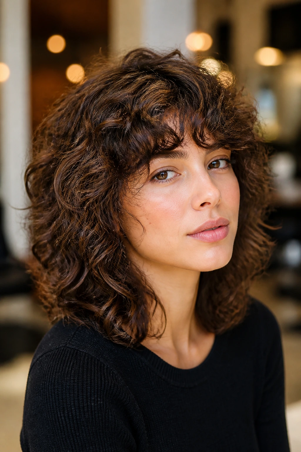 Portrait of a woman with shoulder-length curly shag showcasing crown layers
