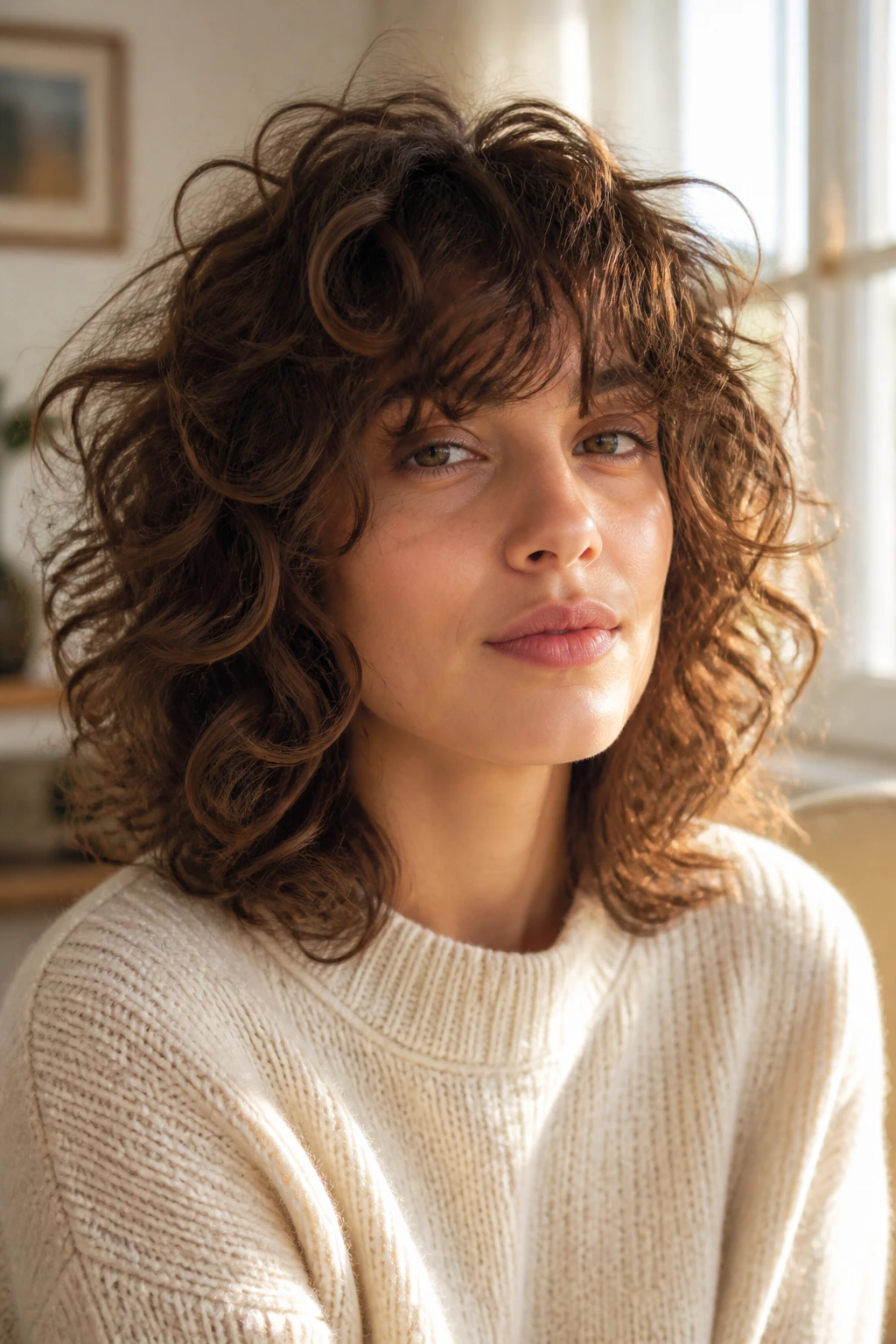 Portrait of a real person with shoulder-length curly shag and long layers