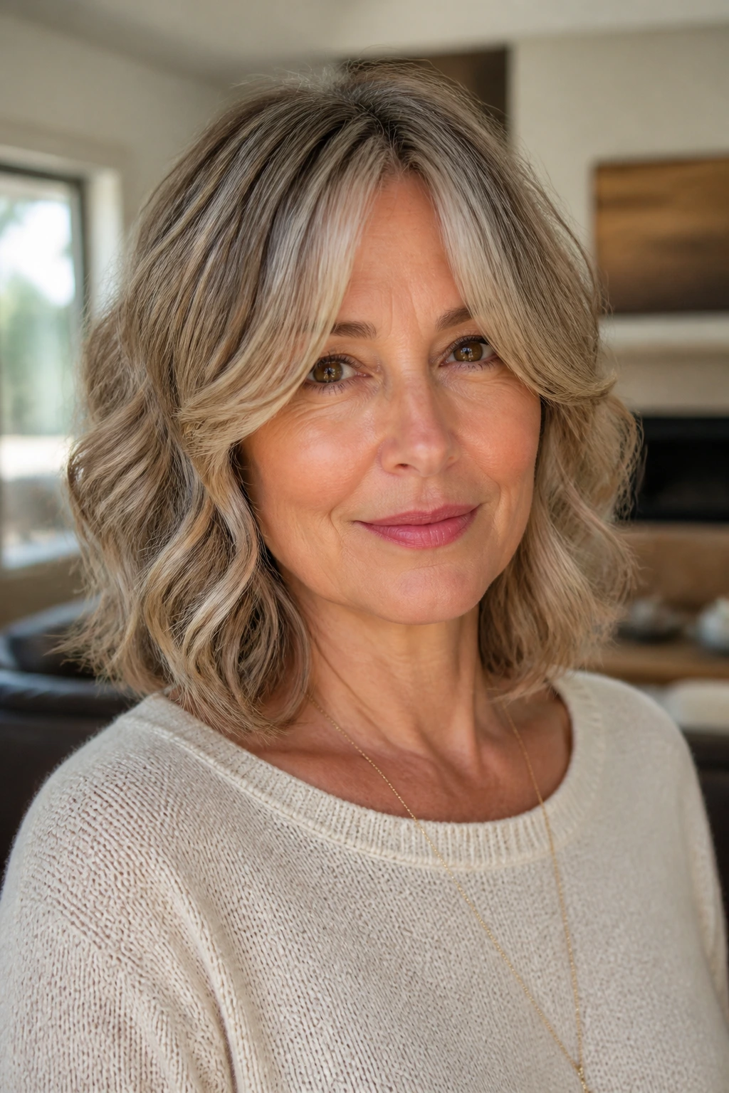 Close-up of a woman with shoulder-length layers and curtain bangs