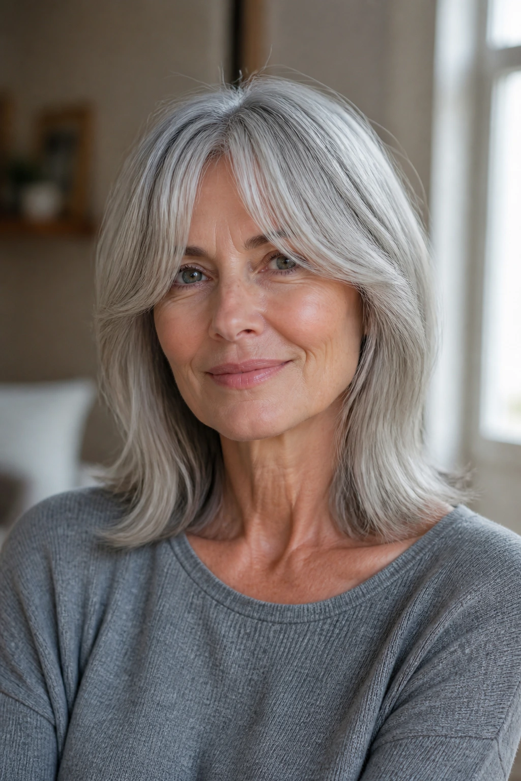 Medium close-up portrait of a real woman with shoulder-length hair and curtain bangs