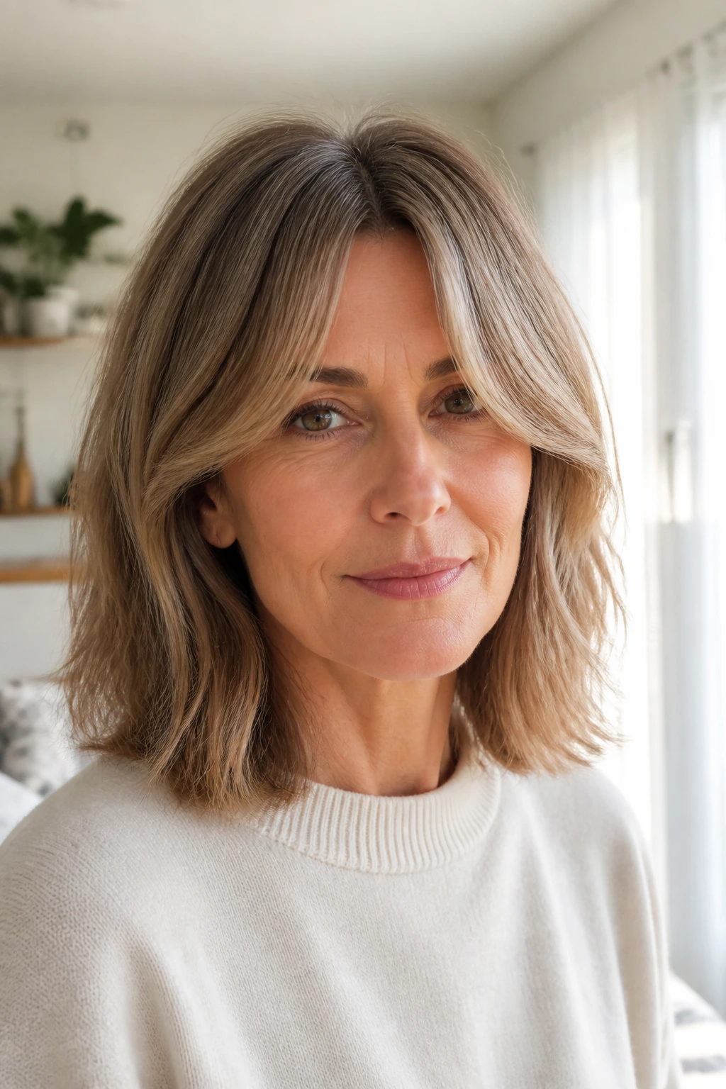 Close-up of real woman with shoulder-length hair and curtain bangs in a bright room