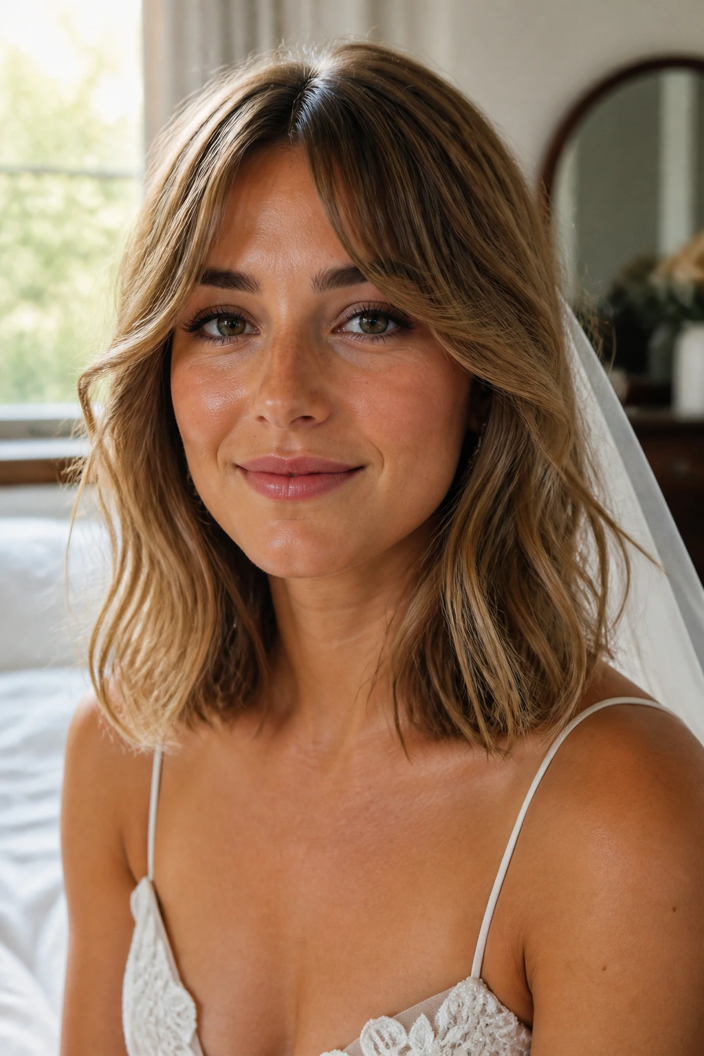 Bride with shoulder-length hair and curtain fringe