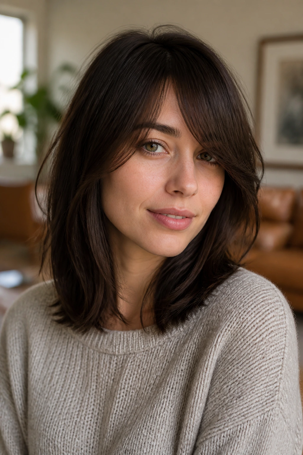 Portrait of a real woman with shoulder-length curtain-leaning side bangs in a cozy room.