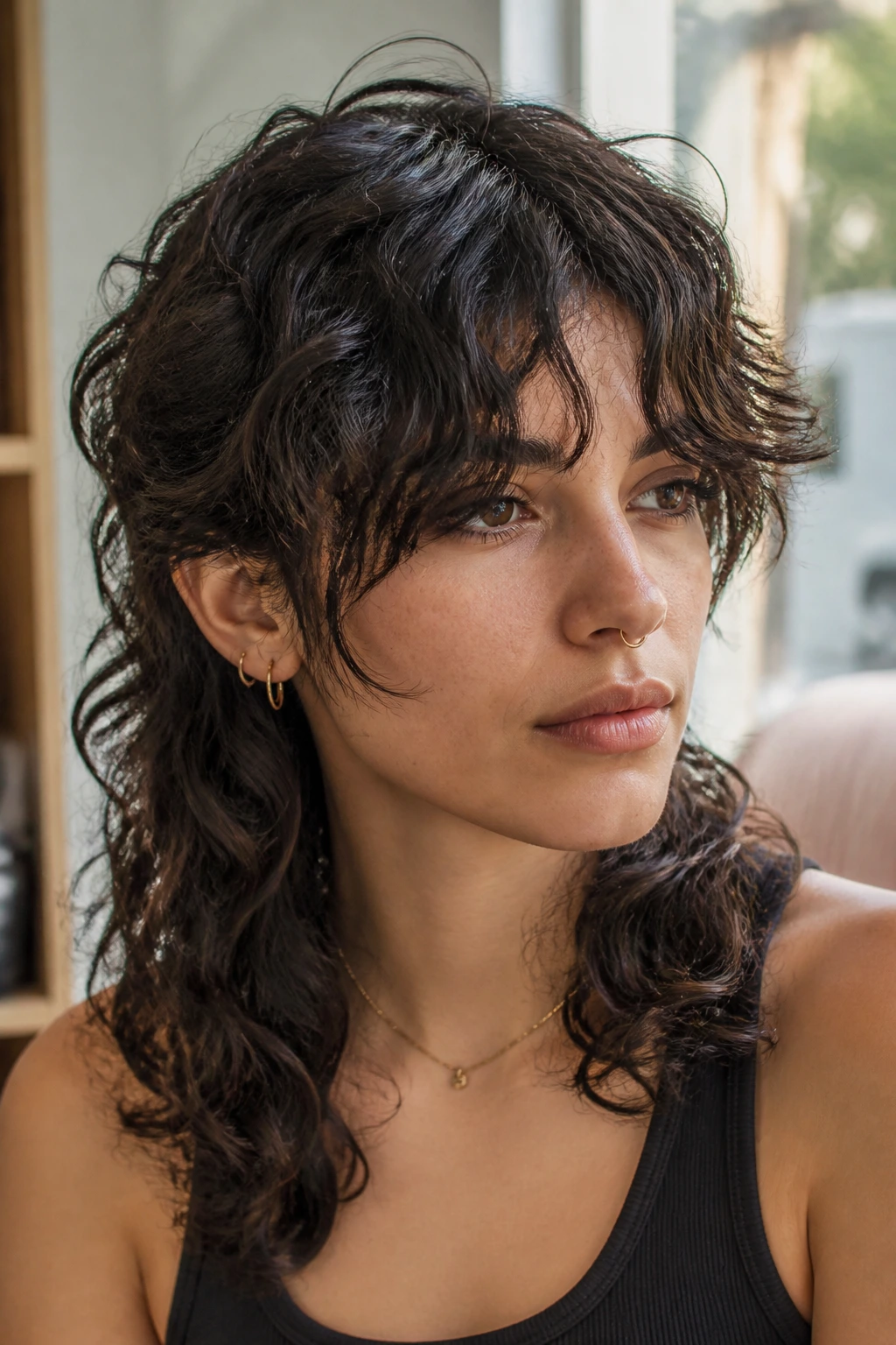Close-up portrait of a real person with shoulder-length curly mullet and curtain bangs
