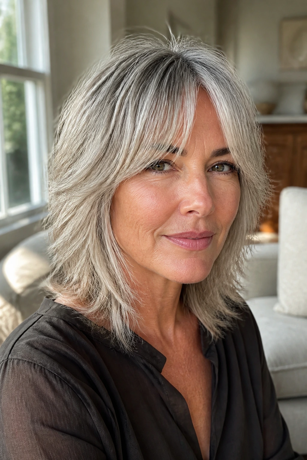 Close-up of shoulder-length razor shag with curtain bangs on a real woman