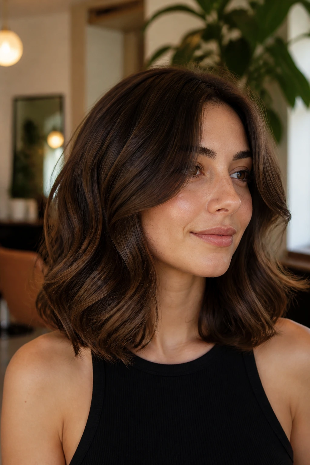 Close-up of thick wavy shoulder-length hair with curved ends on a real person