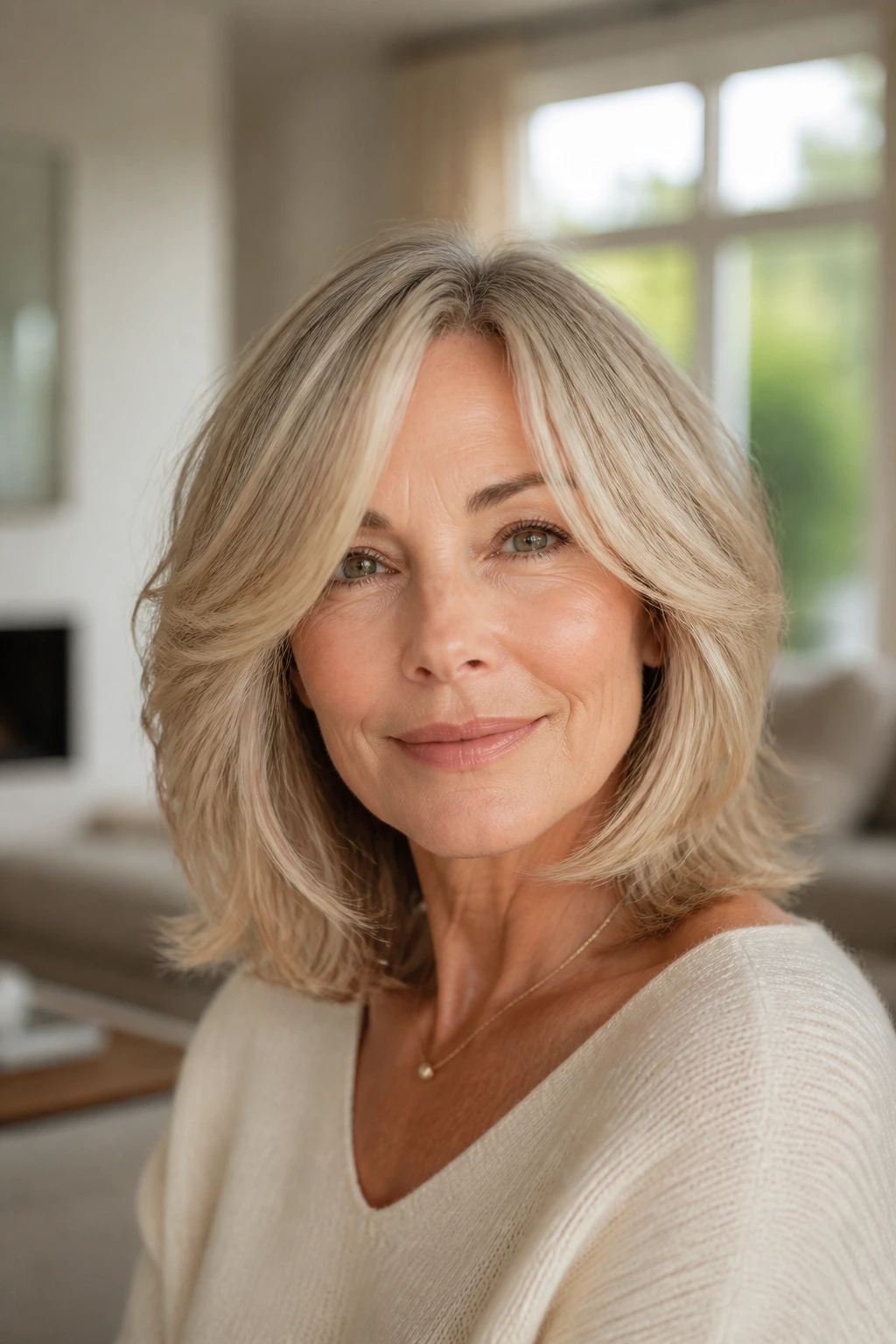 Close-up of a real woman with shoulder-length hair featuring face-framing layers around the cheeks