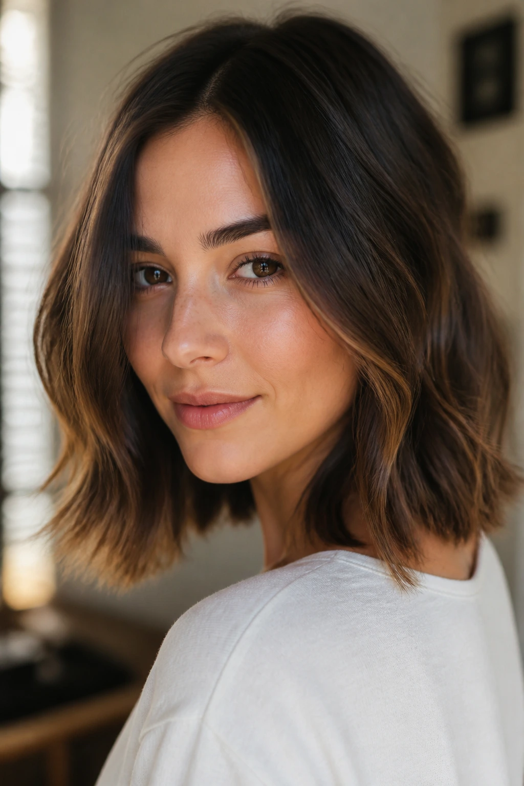 Close-up portrait of a real person with a shoulder-length cut in warm window light
