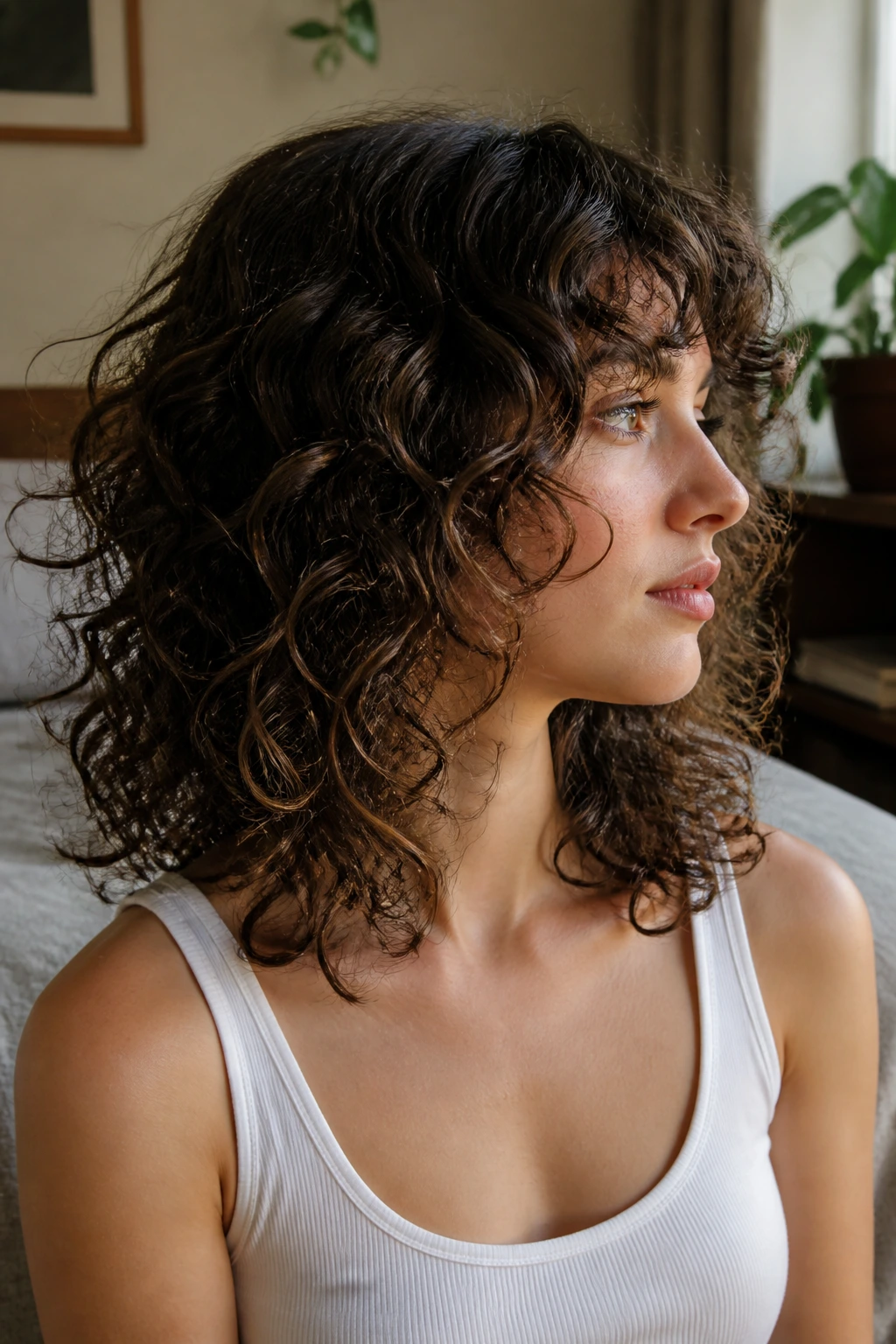 Profile view of a real person with an airy shoulder-length cut and internal debulking