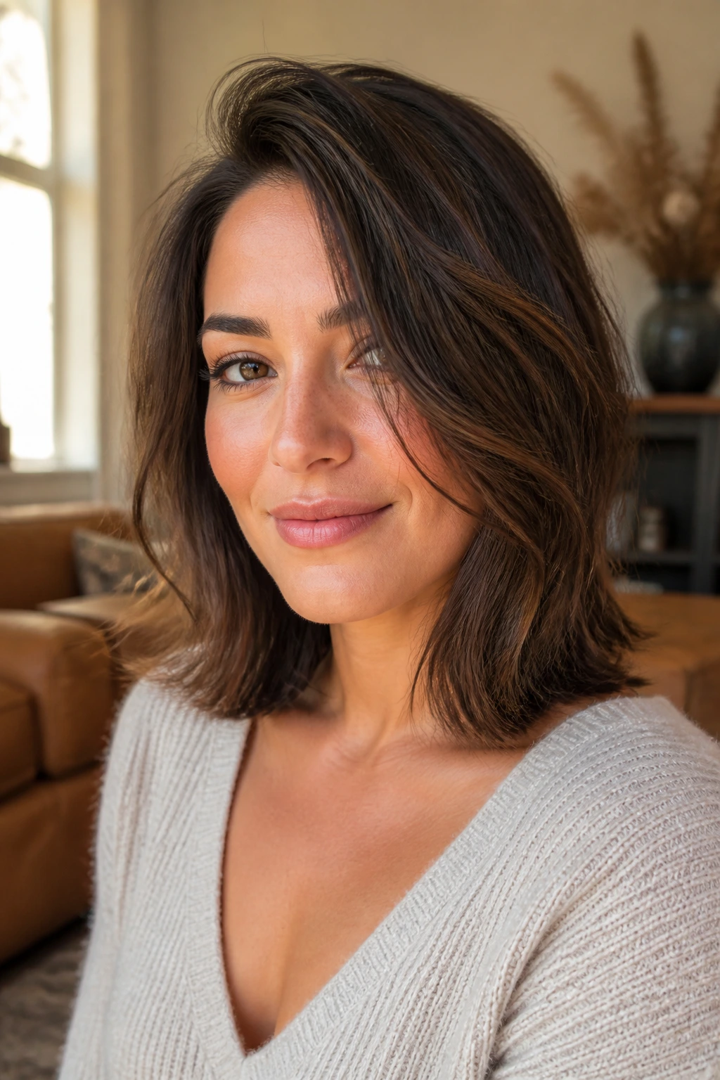 Close-up portrait of a real woman with shoulder-length hair and off-center part