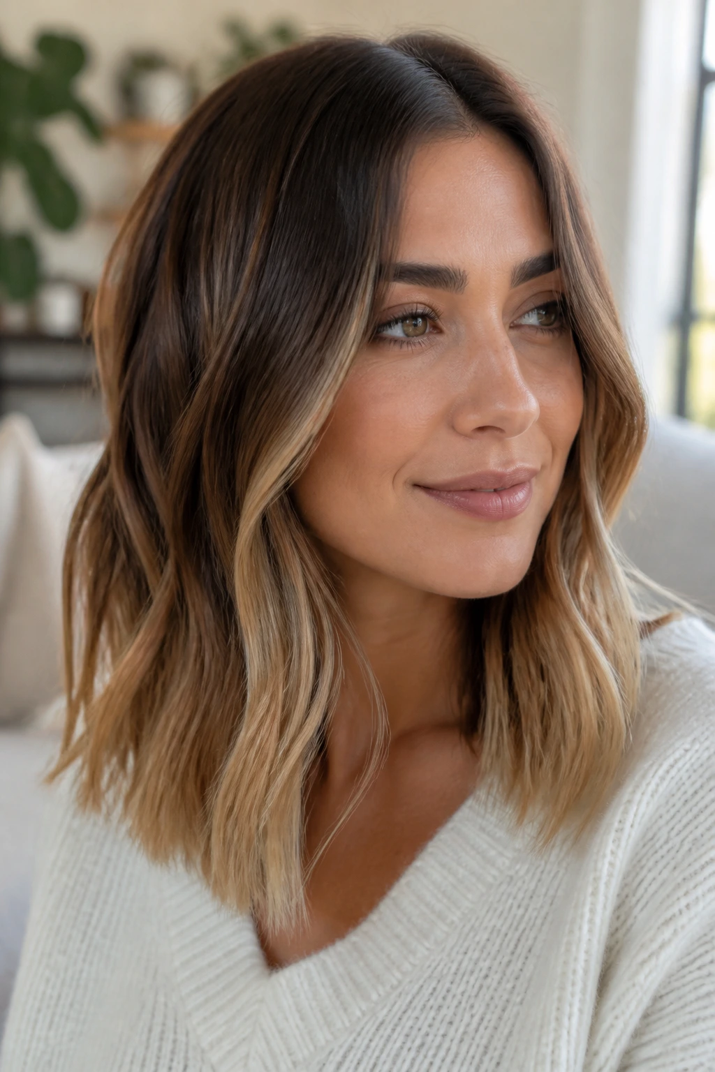 Portrait showing shoulder-length hair with an intentional ombre fade starting at the collarbone