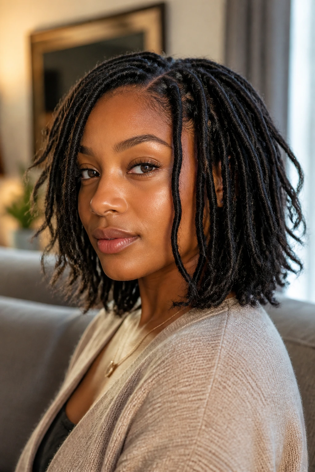 Close-up of a person showing shoulder-length feathered faux locs with movement.
