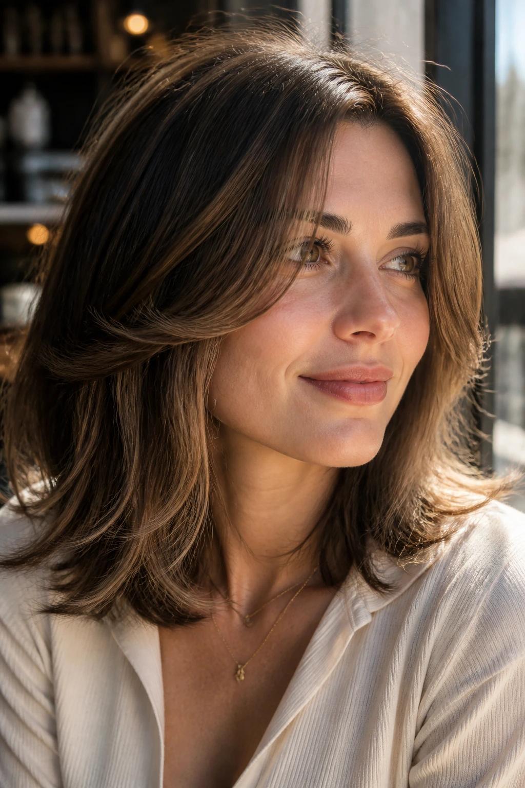 Close-up portrait of real woman with shoulder-length feathered cut and face-framing layers