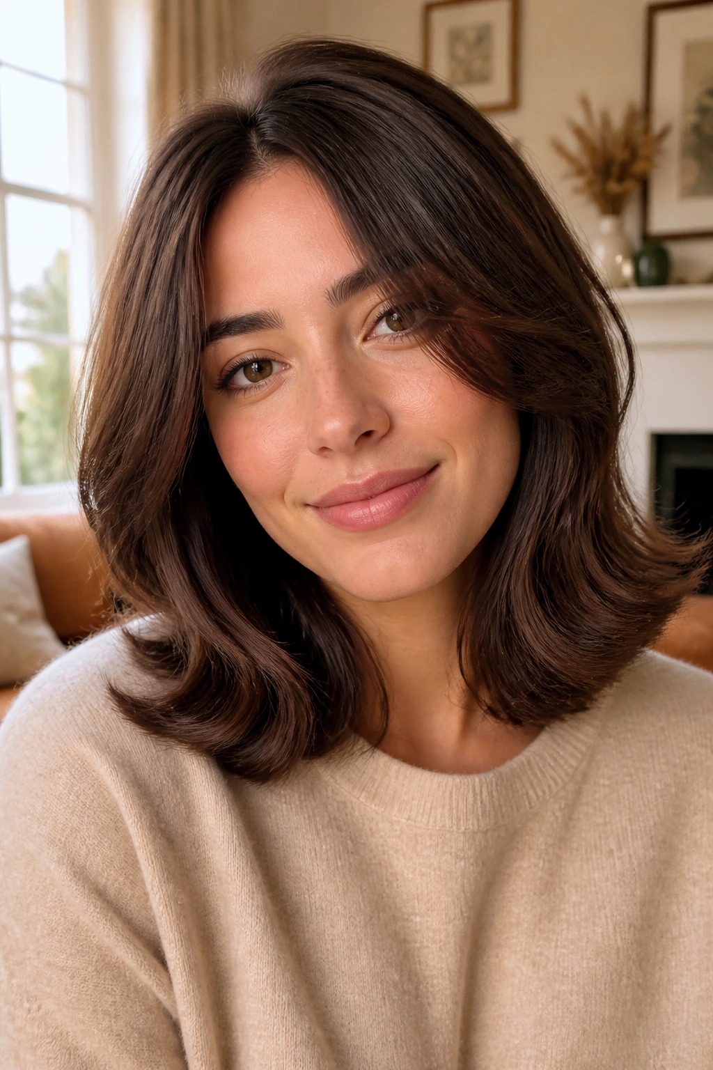 Close-up portrait of a woman with a shoulder-length feathered flip hairstyle under warm window light