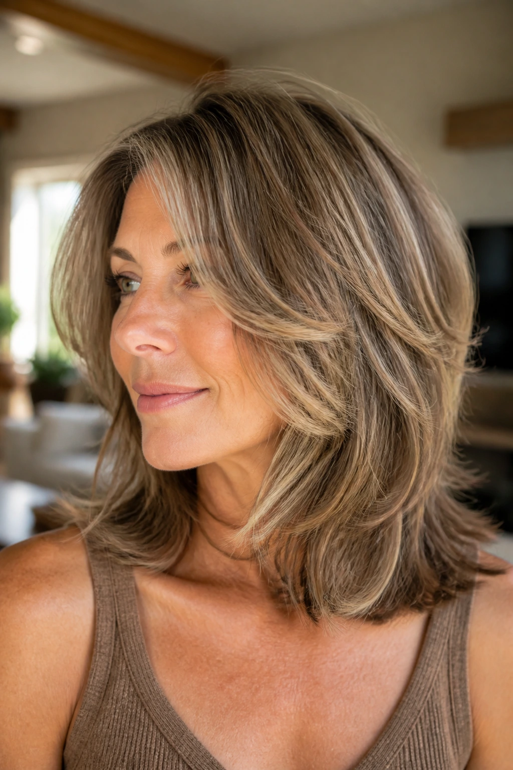 Real woman with shoulder-length feathered stacked cut in living room lighting