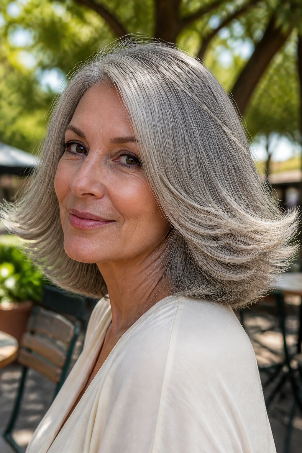 Close-up of bouncy shoulder-length gray hair flipped outward