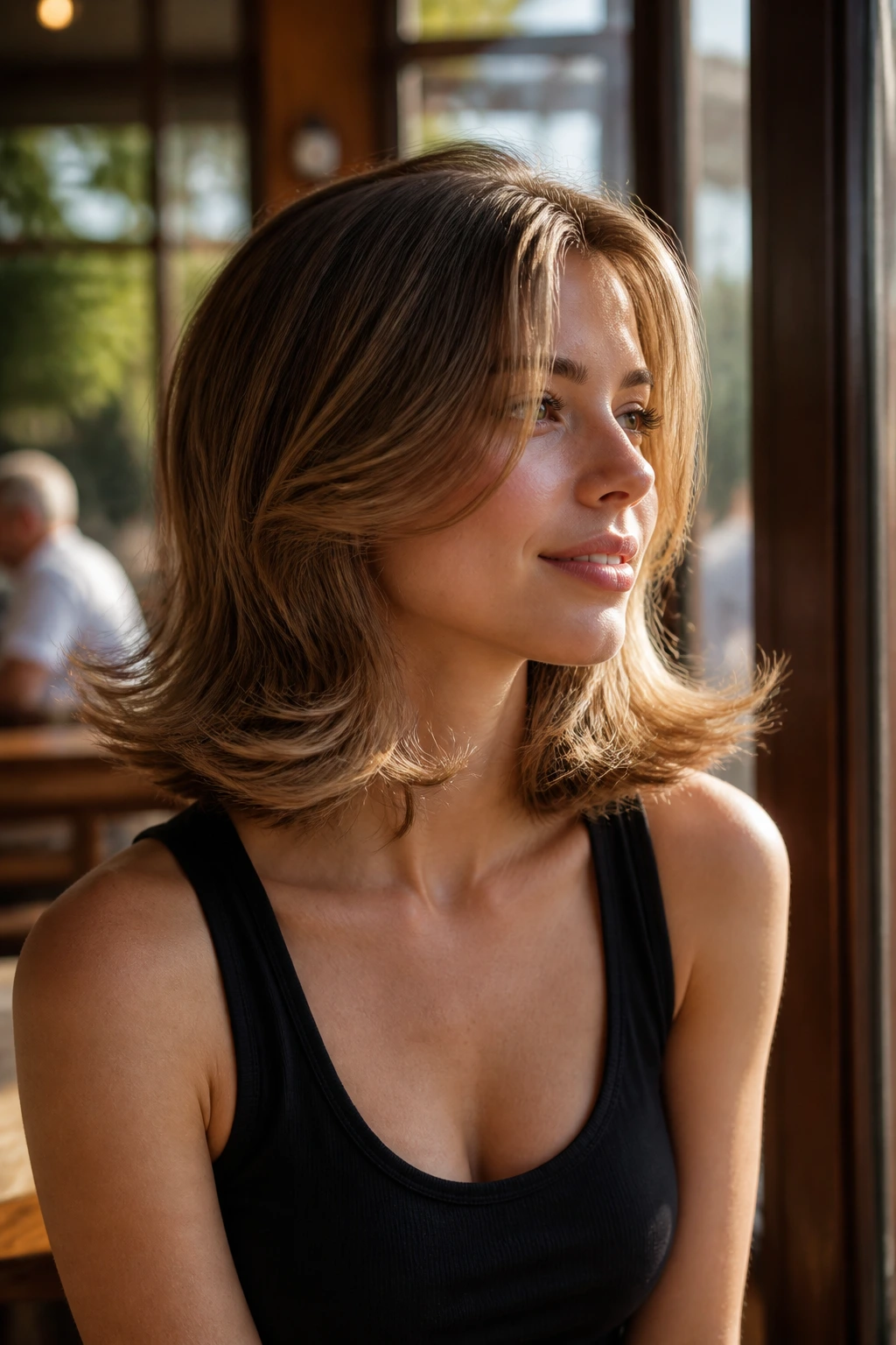 Close-up of a real woman with a shoulder-length tousled flip hairstyle in natural light