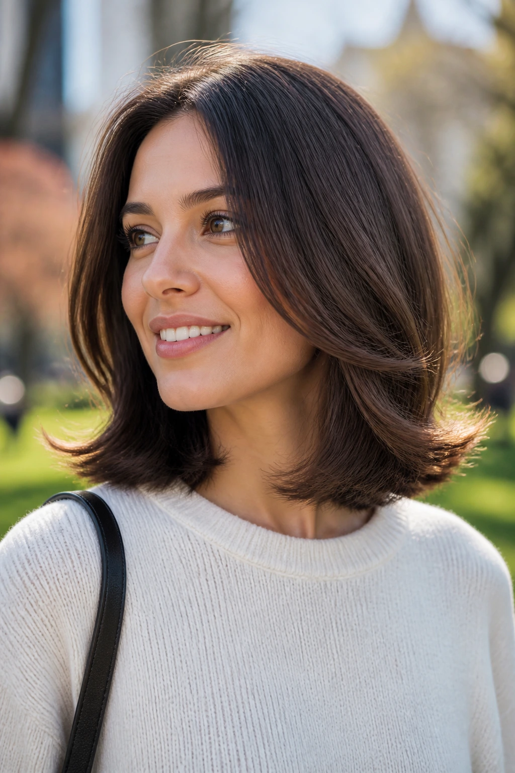 Close-up of real woman with shoulder-length flip hairstyle in outdoor daylight