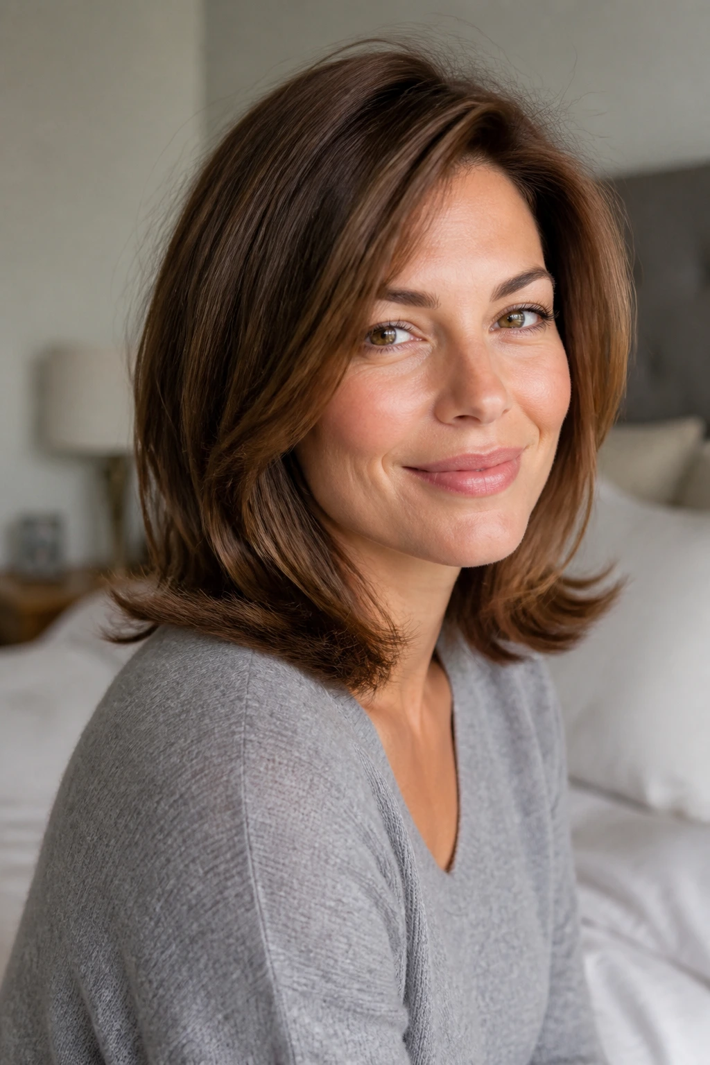 Real woman with shoulder-length hair showing a flip at the ends