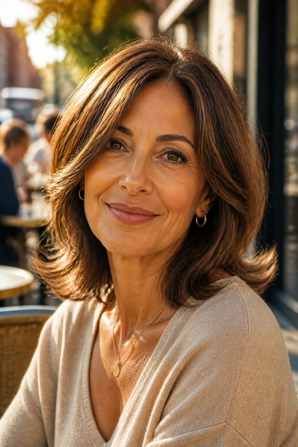 Real woman with shoulder-length flip-out hairstyle in sunlight
