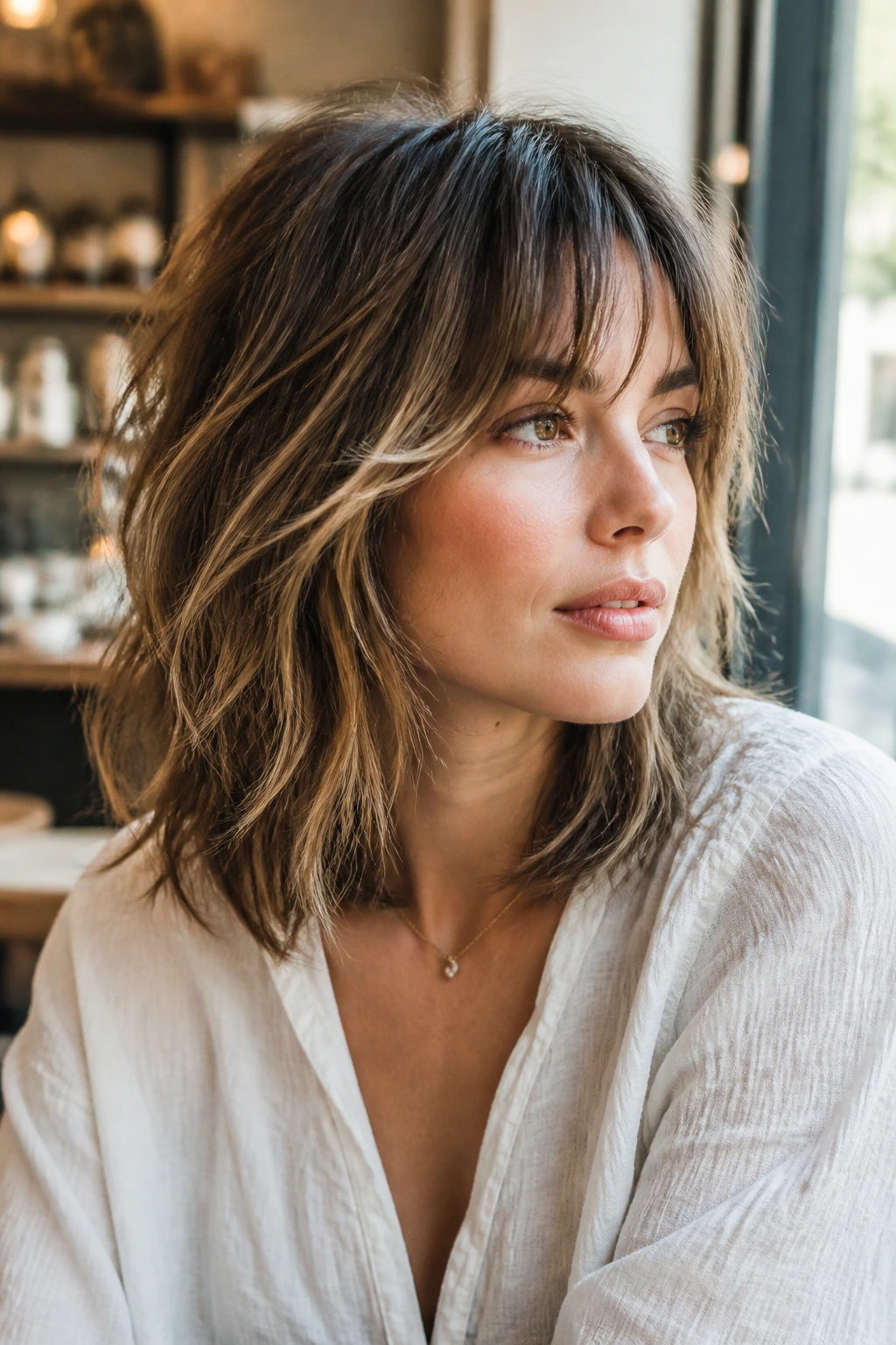 Portrait of woman with fringe-forward shoulder-length chop showing soft movement