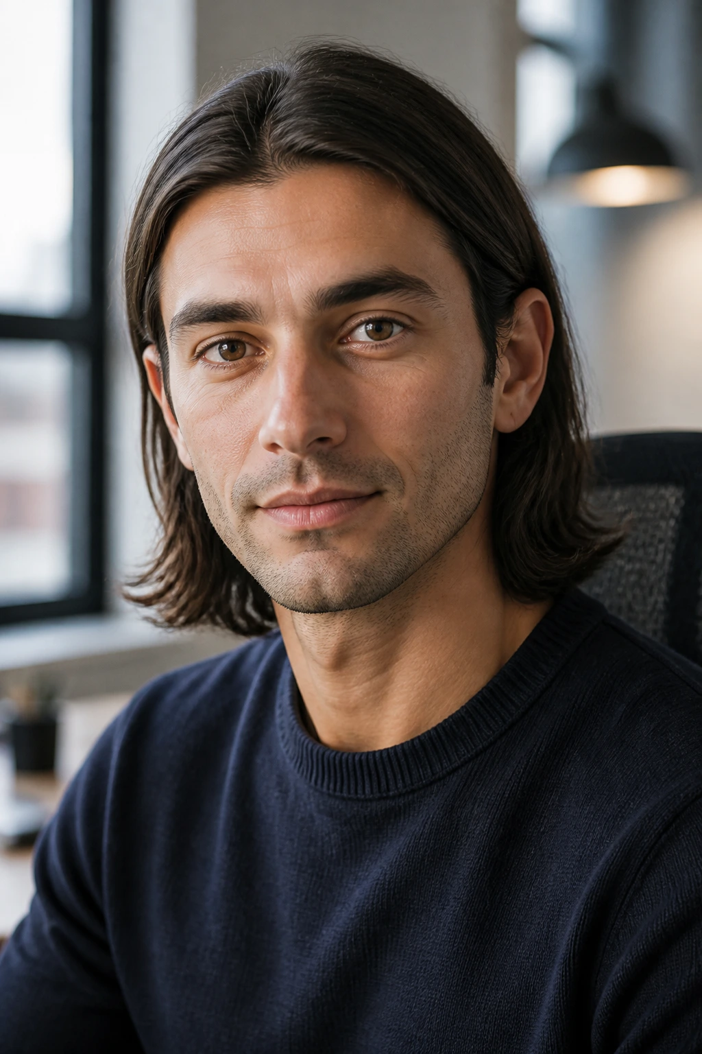Portrait of a person with shoulder-length layered hair behind the ears in an office