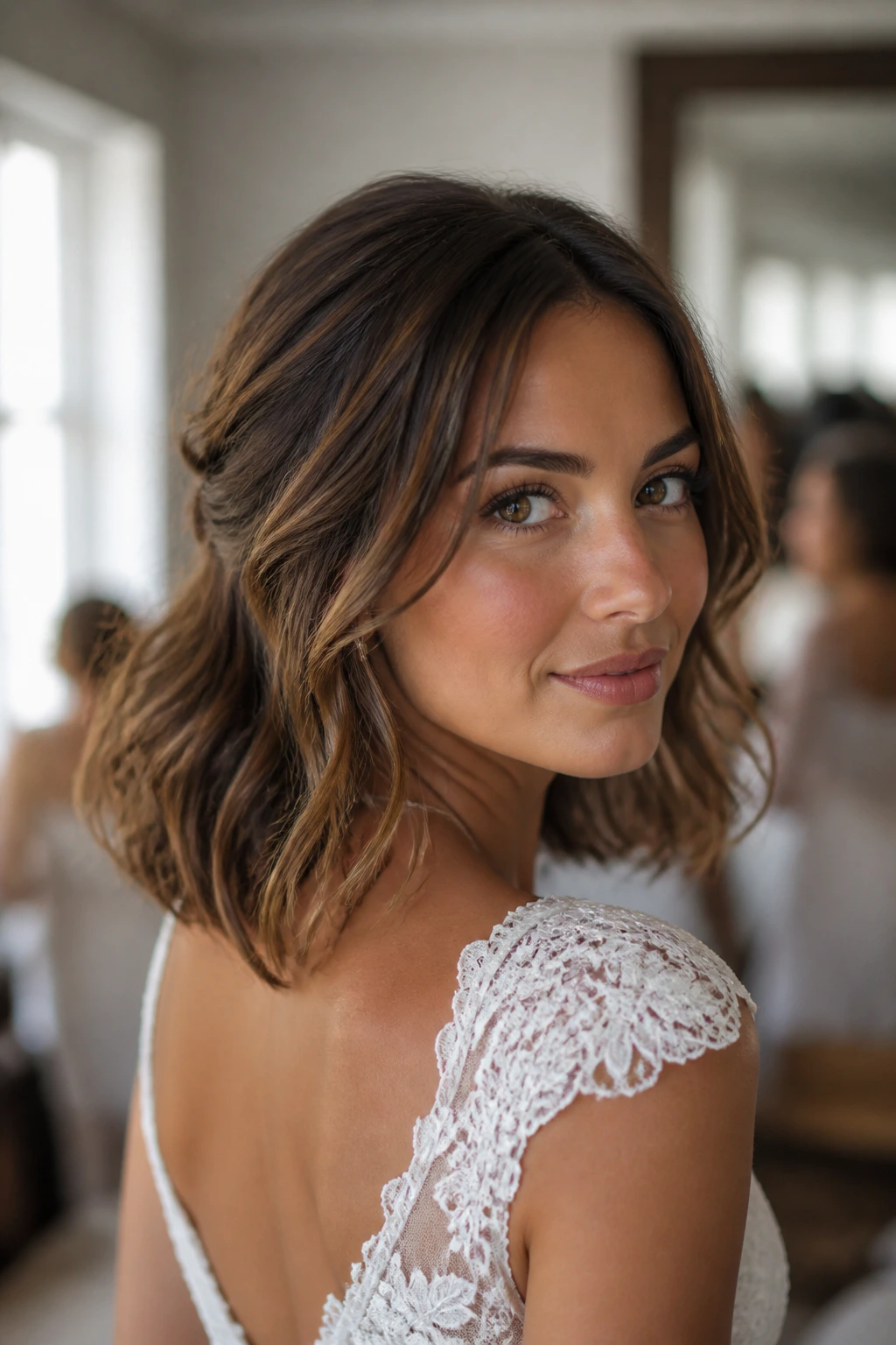 Close-up portrait of a real woman with shoulder-length hair styled in soft waves for a wedding