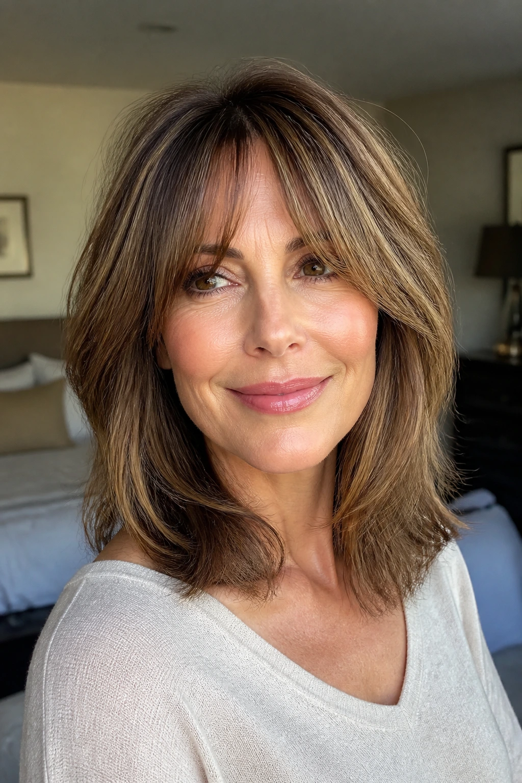 Real woman with shoulder-length hair and long feathered bangs in soft natural light