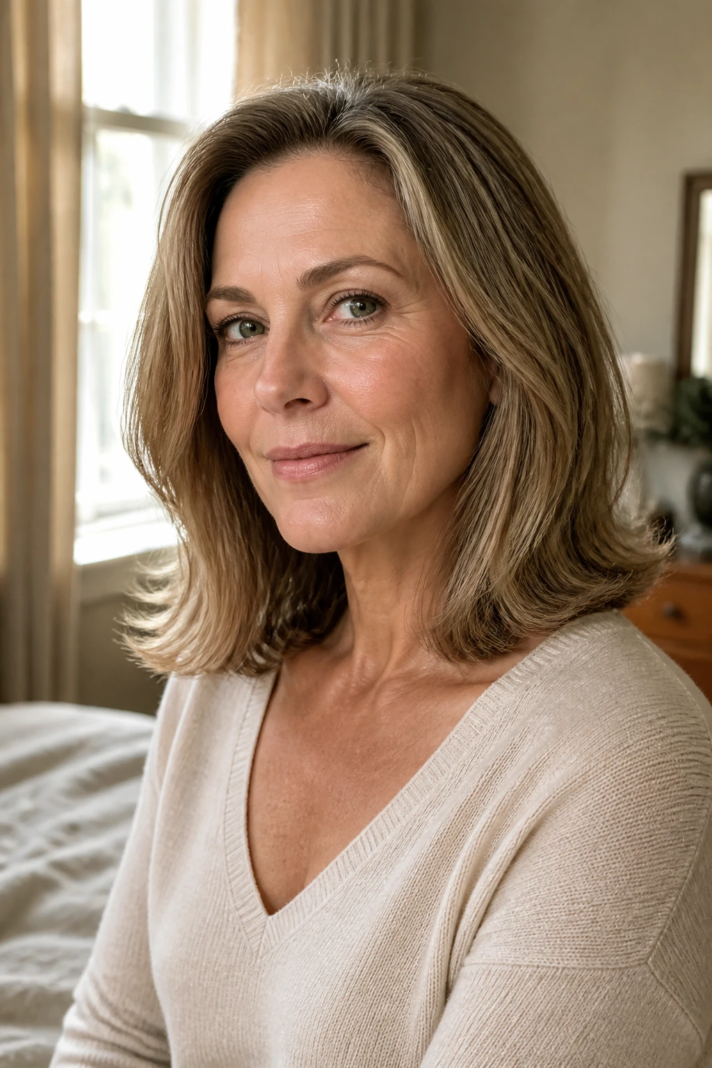 Close-up of a real woman with shoulder-length hair flipped at the ends in natural window light