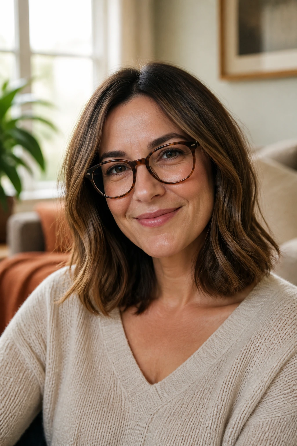 Close-up of a real woman with shoulder-length hair in a soft-edge everyday style, warm window light in a cozy living room.