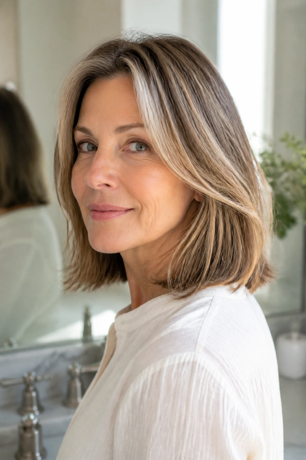 Portrait of a woman with shoulder-length hair in a simple, well-groomed style