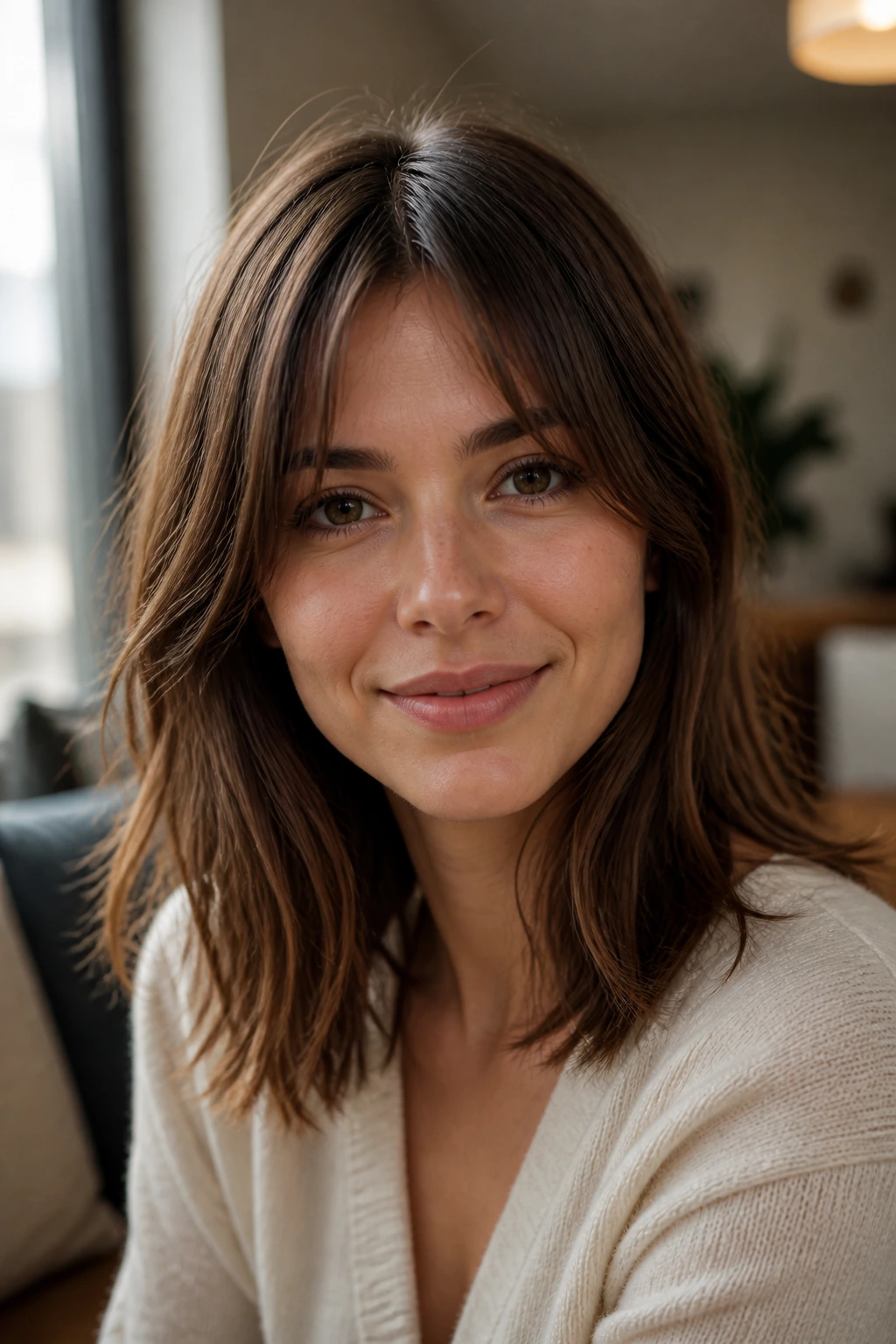 Close-up portrait of a woman with shoulder-length hair and middle-part bangs