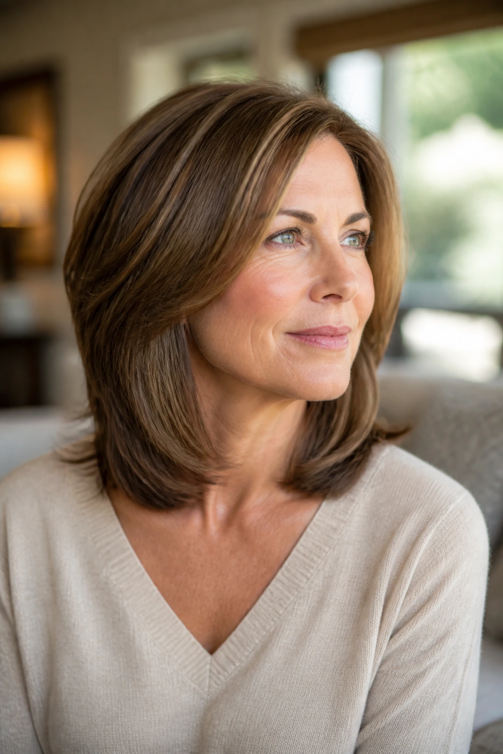 Close-up of a real woman with shoulder-length hair showing its shape in natural light