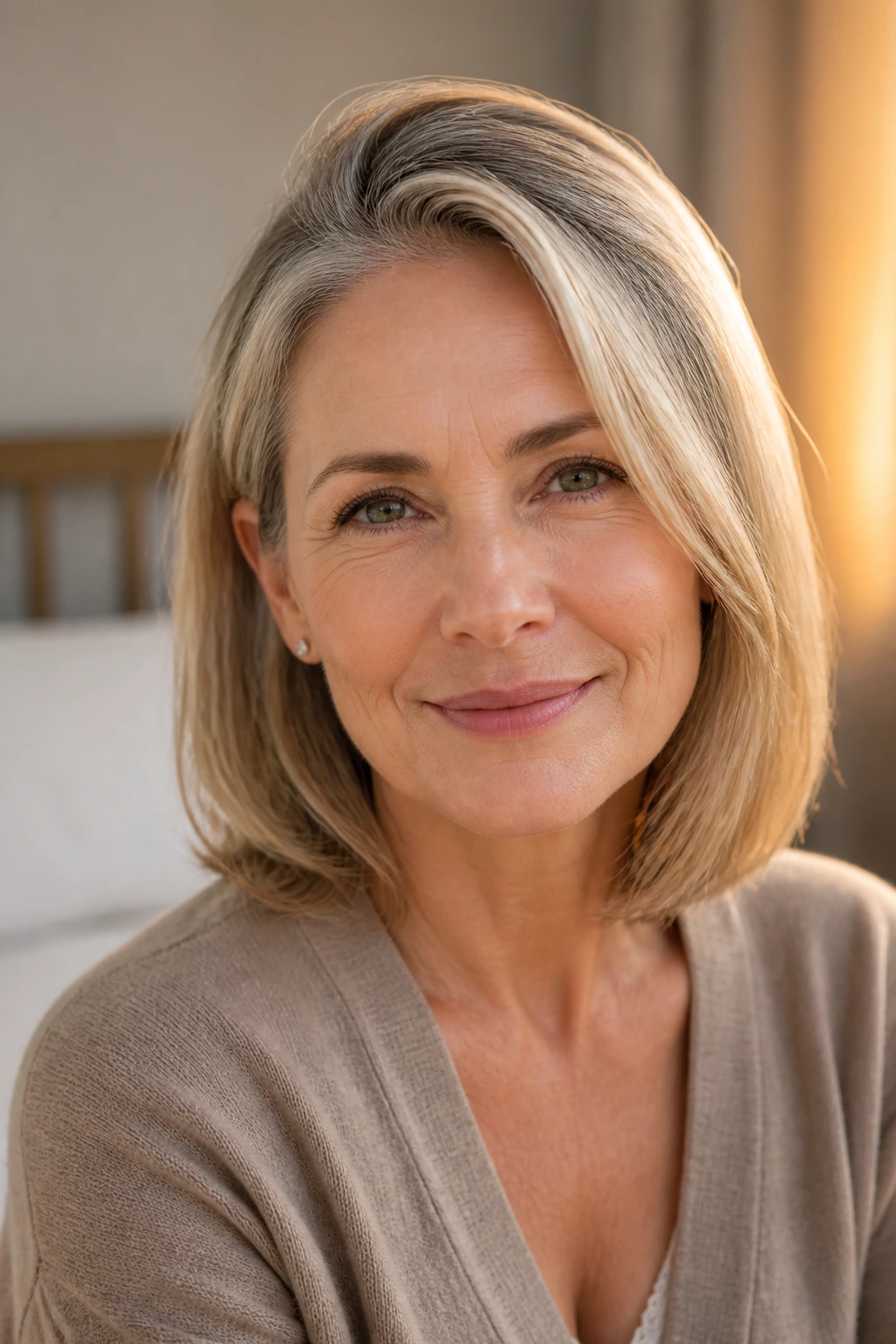 Close-up portrait of a real woman with shoulder-length hair showing root lift and a side part