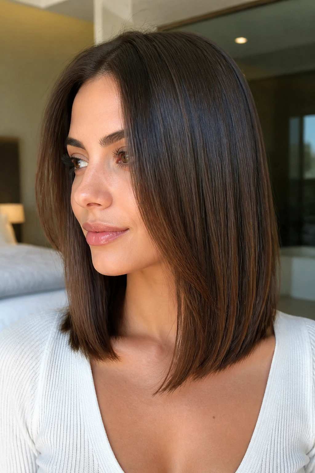 Portrait showing shaped, crisp shoulder-length straight hair