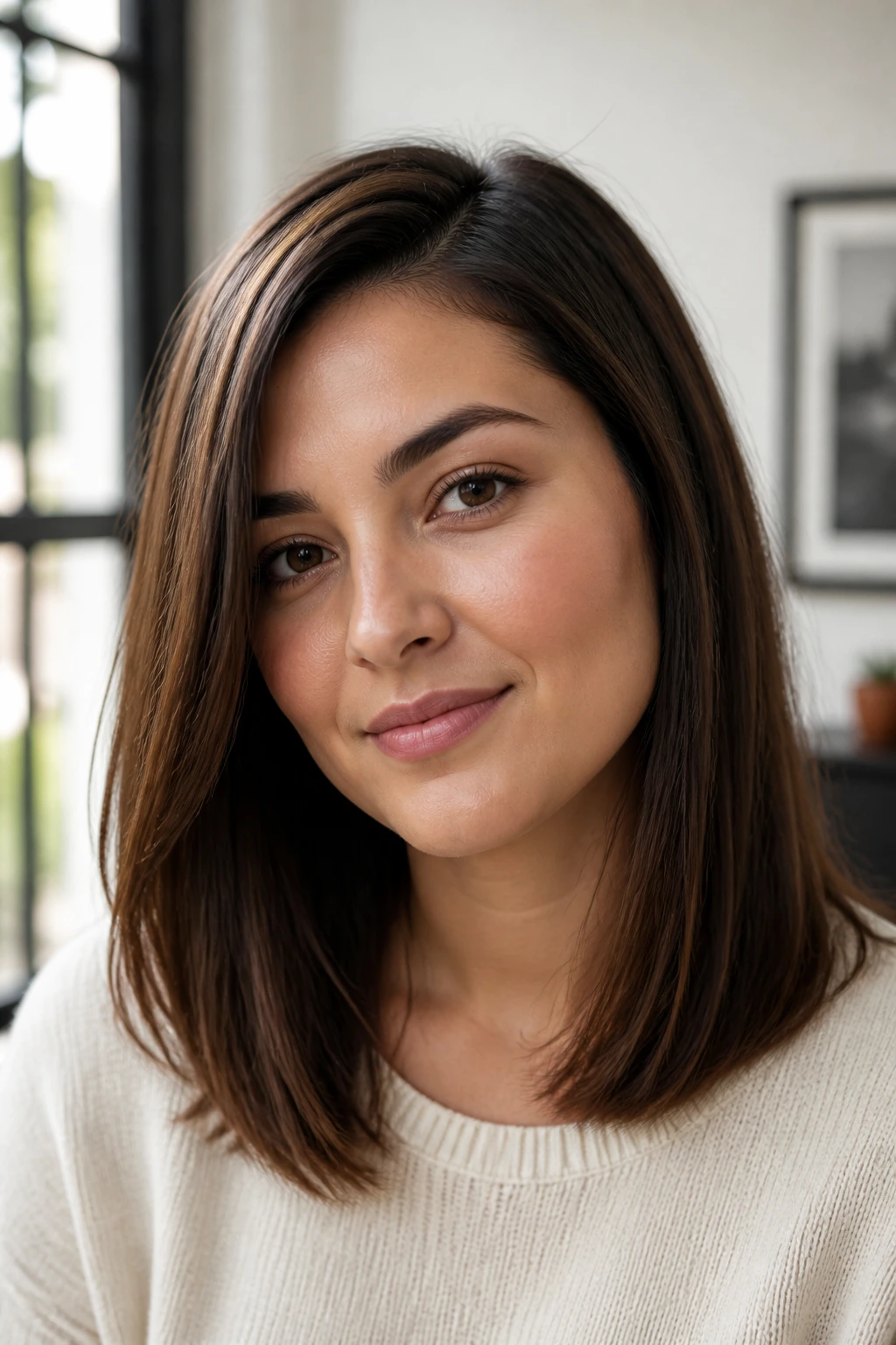 Close-up portrait of a real person with straight shoulder-length hair and off-center part